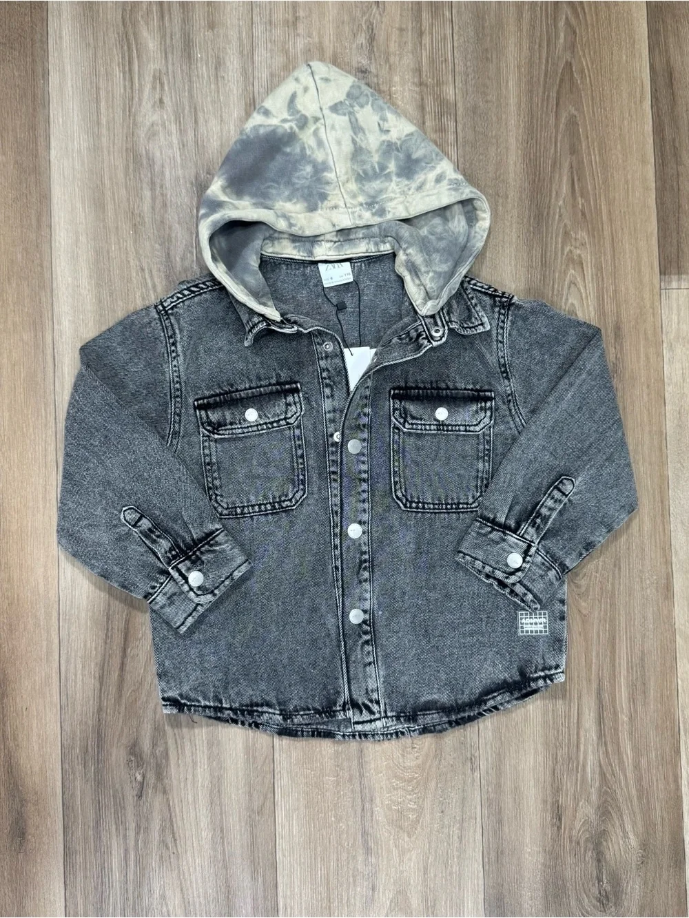 Zara Black Washed Denim Jacket with Gray Tie-Dye Hood - NEW